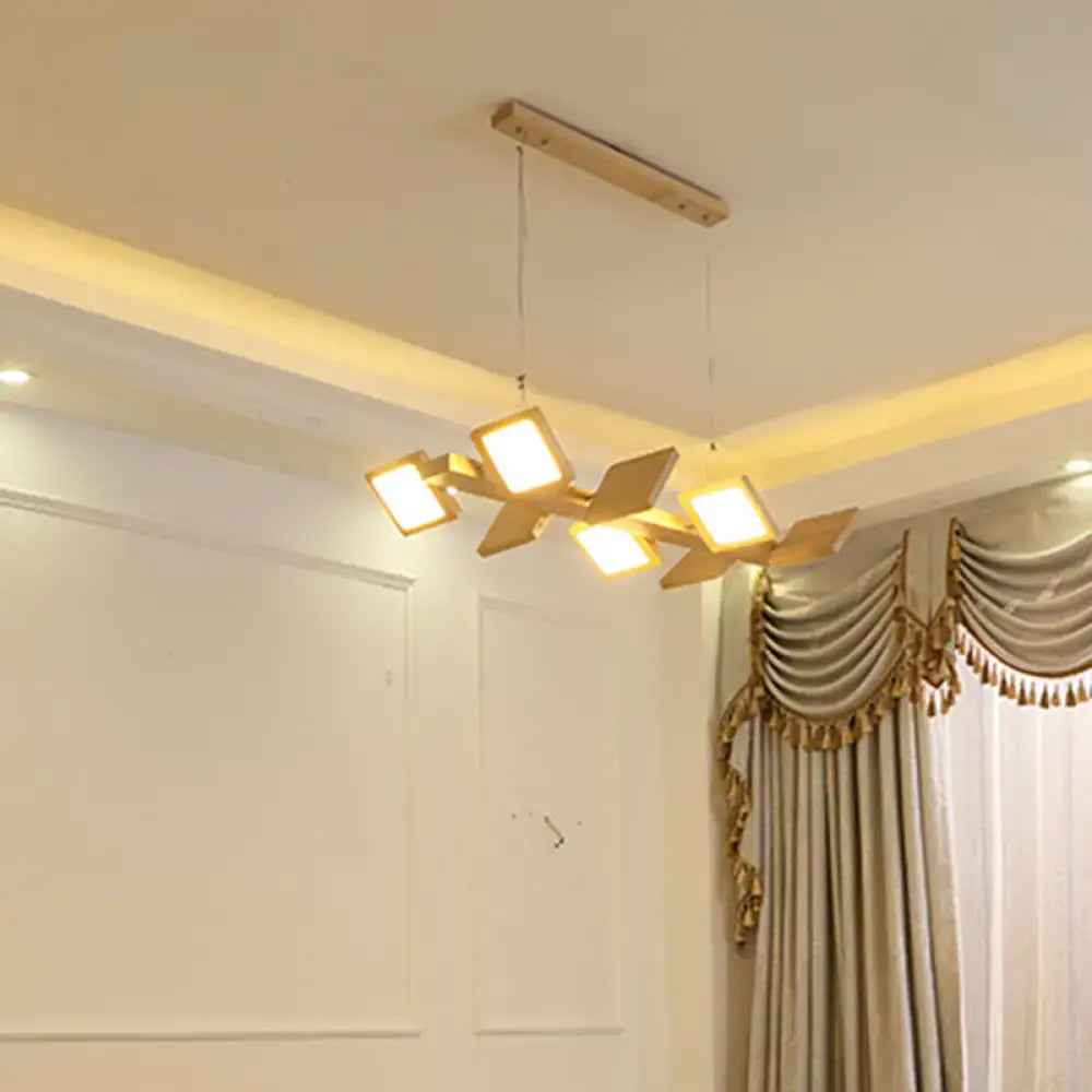 DecorBites™ Japanese wood square LED pendant light with five warm-toned acrylic panels for modern lighting