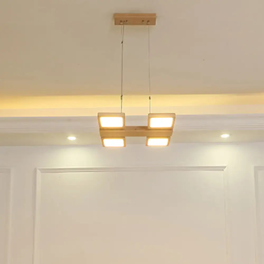 Decorbites™ japanese wood square led pendant light with four wooden panels and acrylic shade emitting warm illumination