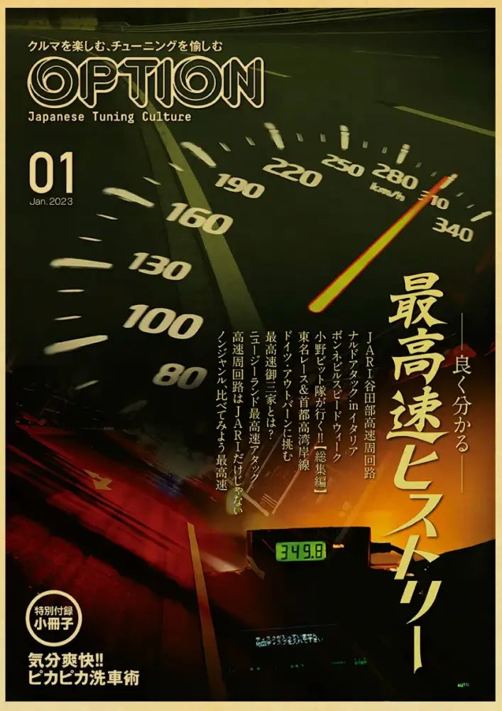 Cover of option magazine january 2023 featuring a glowing speedometer in red and yellow for jdm retro racing poster print