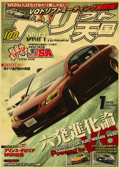 Decorbites™ jdm retro racing car poster featuring a red nissan vq35 engine drift car with gold rims and aerodynamic body