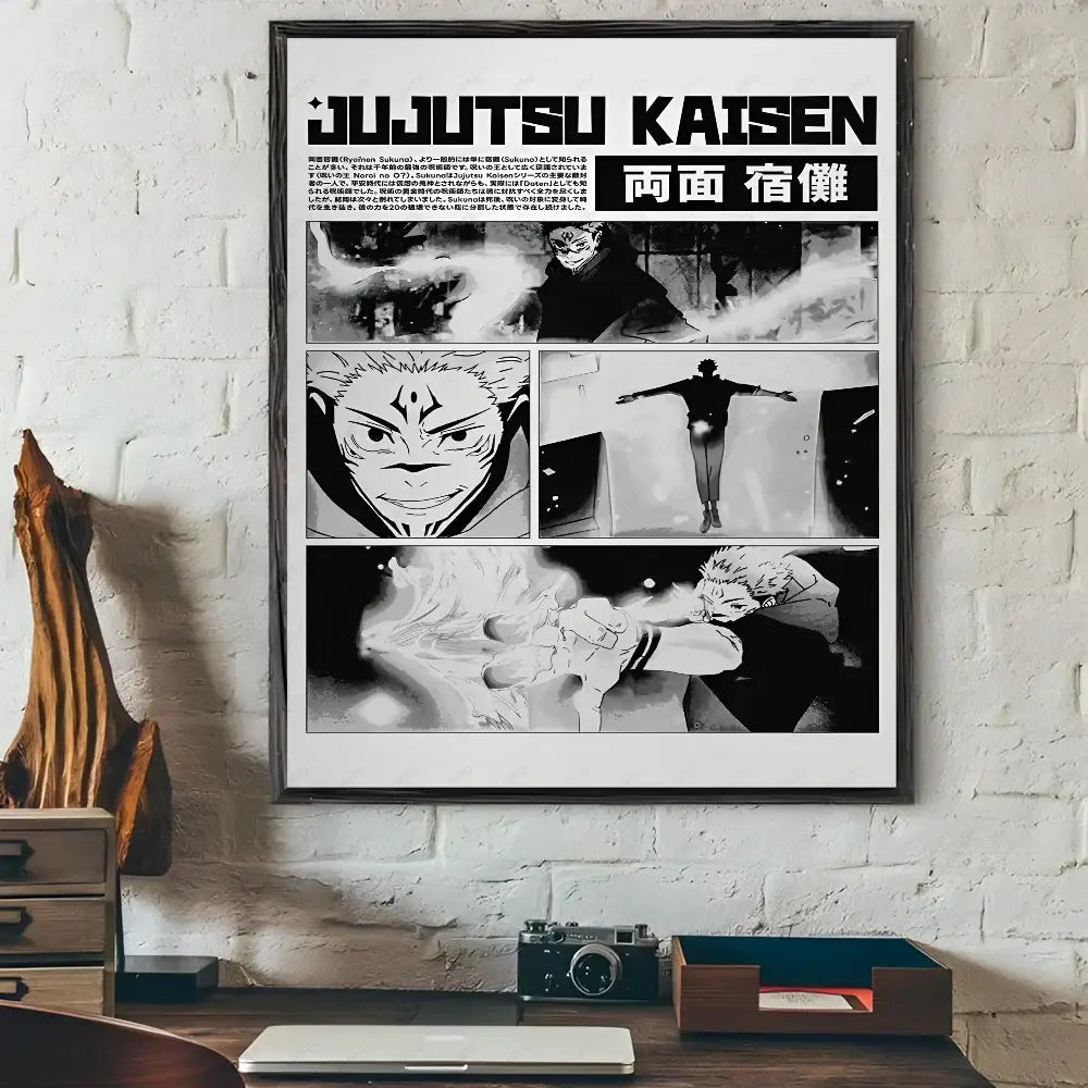 Black and white framed decorbites™ jujutsu kaisen anime poster wall art featuring manga panels and japanese text