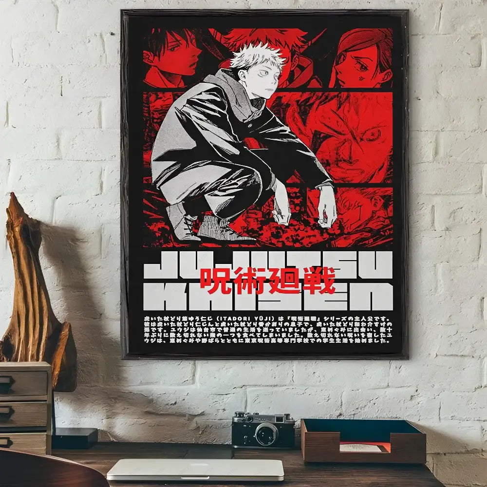 Black-framed wall art poster featuring grayscale jujutsu kaisen anime character on bold red background by decorbites