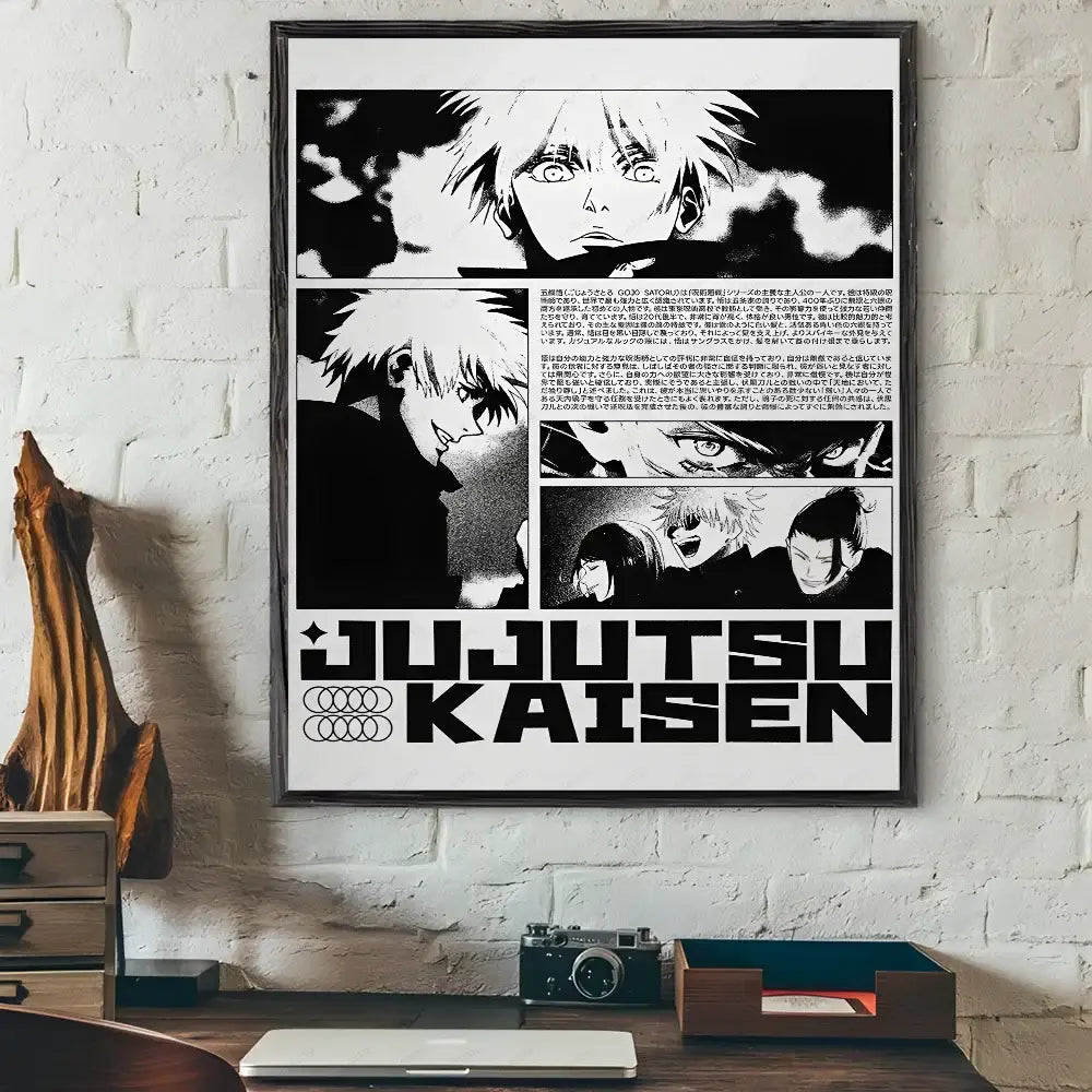 Decorbites™ jujutsu kaisen anime poster wall art black and white print in a sleek black frame for japan anime fans