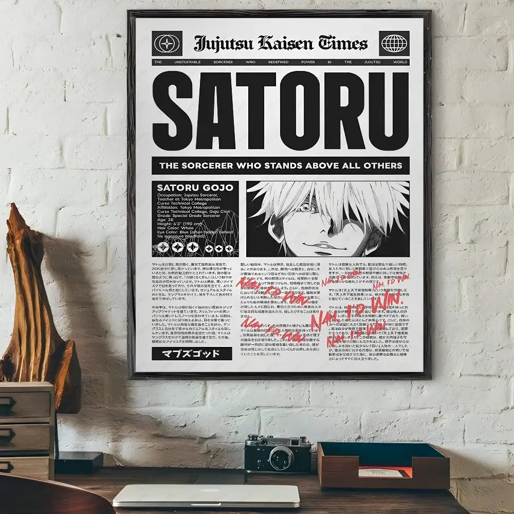 Black and white framed wall art poster featuring satoru gojo from jujutsu kaisen anime styled as a newspaper headline