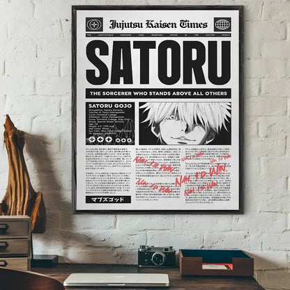 Black and white framed wall art poster featuring satoru gojo from jujutsu kaisen anime styled as a newspaper headline