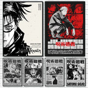 Decorbites™ jujutsu kaisen anime poster wall art featuring black and white j-jujutsues japan anime designs with bold red accents
