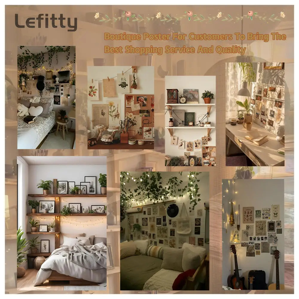 Decorbites™ jujutsu kaisen anime wall art poster featuring cozy plant-filled bedroom collage with string lights and framed decor