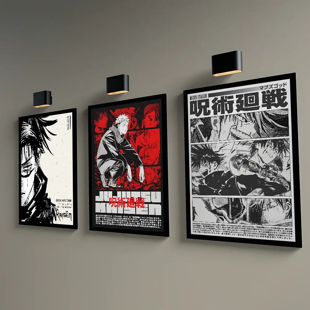 Three framed black and white and red jujutsu kaisen anime poster wall art featuring characters for japan anime decor