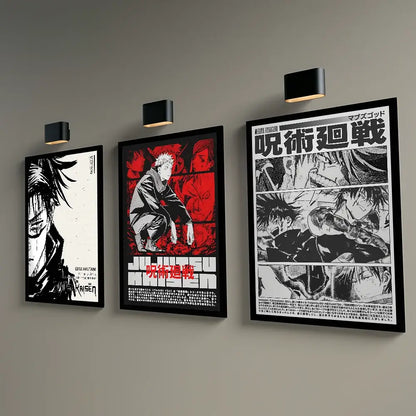 Three framed black and white and red jujutsu kaisen anime poster wall art featuring characters for japan anime decor