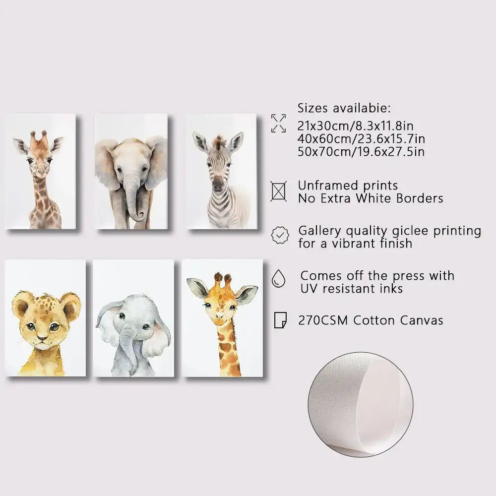 Set of six unframed pastel animal nursery wall prints on 270gsm cotton canvas by DecorBites jungle animal nursery wall art set