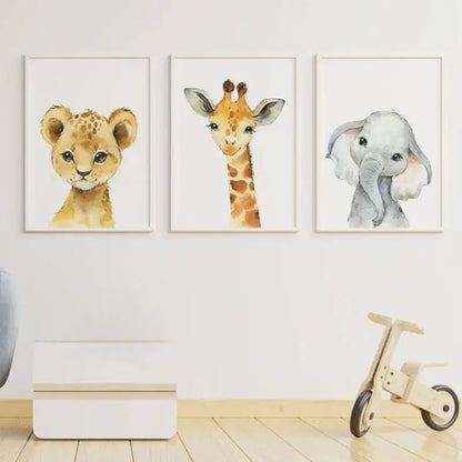 Decorbites™ jungle animal nursery wall art set with three watercolor animal nursery wall portraits in white frames