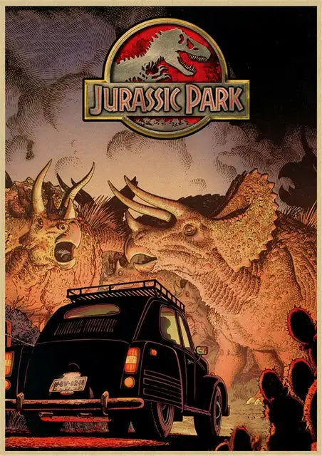 Black vintage car with roof rack parked before roaring triceratops in desert jurassic park dinosaur canvas wall art