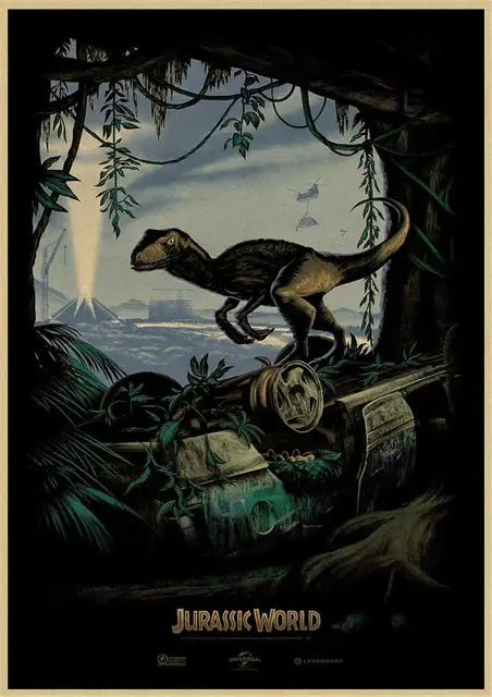 DecorBites™ jurassic park dinosaur canvas wall art featuring a dark velociraptor on rusted machinery in a jungle setting