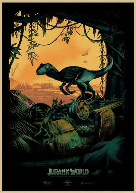 DecorBites jurassic park dinosaur canvas wall art featuring a dark green velociraptor under an orange sky