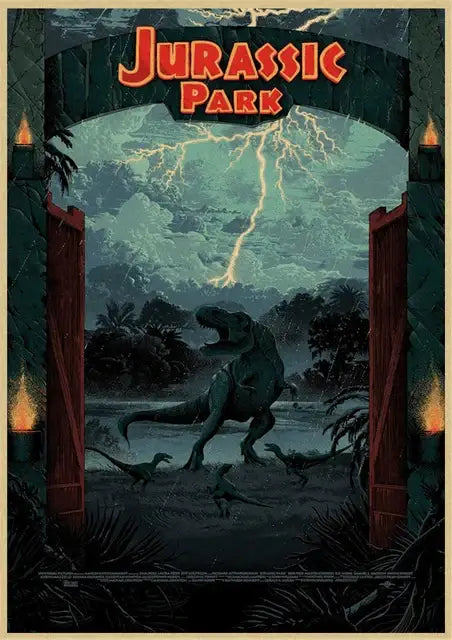 Decorbites™ jurassic park dinosaur canvas wall art featuring a dark green t-rex in a stormy prehistoric scene