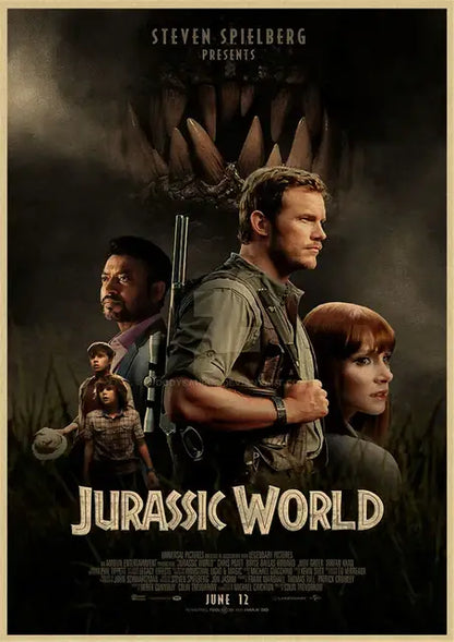 Dark textured jurassic park dinosaur canvas wall art featuring menacing dinosaur jaw and four rugged characters