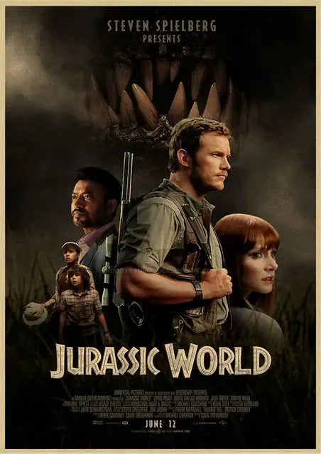 Dark textured jurassic park dinosaur canvas wall art featuring menacing dinosaur jaw and four rugged characters