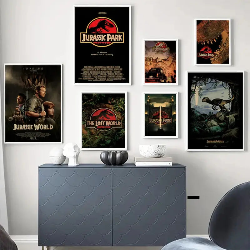 Gray textured cabinet with scalloped front panels and silver legs displayed alongside decorbites jurassic park dinosaur canvas wall art