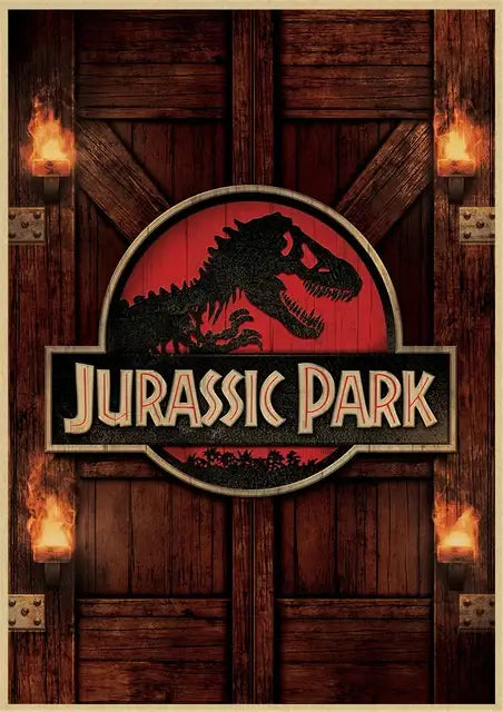 Decorbites™ jurassic park dinosaur canvas wall art featuring a black t-rex silhouette on a red background with gold lettering