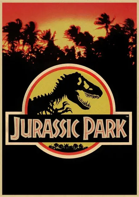 Decorbites jurassic park dinosaur canvas wall art featuring a black t-rex logo on yellow background with bold cream lettering