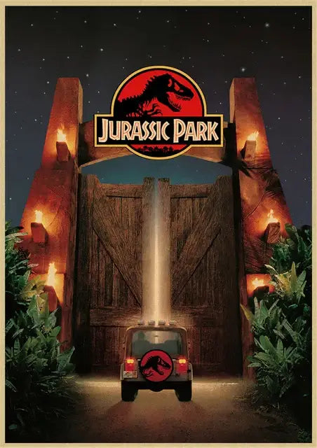 Decorbites™ jurassic park dinosaur canvas wall art features a red and black jurassic park logo with dinosaur silhouette