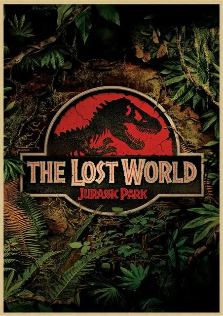 Red and black t-rex jurassic park dinosaur canvas wall art on vintage-style poster by DecorBites™