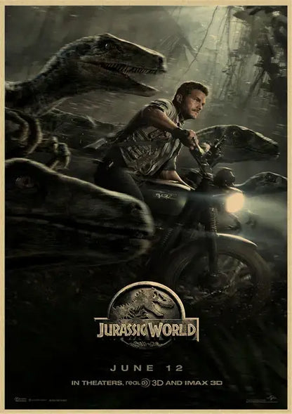 A rugged dark gray motorcycle with glowing headlight rides through misty jungle on jurassic park dinosaur canvas wall art