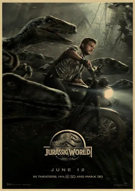 A rugged dark gray motorcycle with glowing headlight rides through misty jungle on jurassic park dinosaur canvas wall art