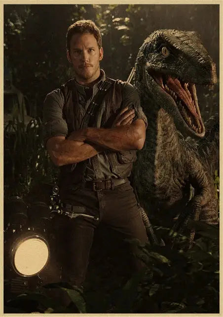 A man wearing a rugged dark green tactical vest with arms crossed next to decorbites™ jurassic park dinosaur canvas wall art