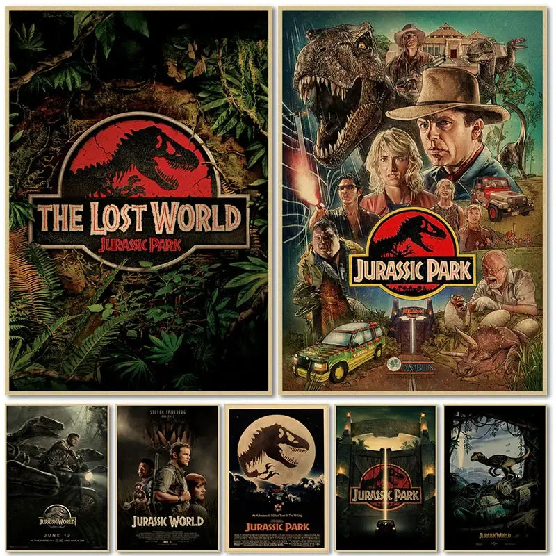 Set of jurassic park dinosaur canvas wall art featuring vibrant artwork with dinosaurs characters and logos