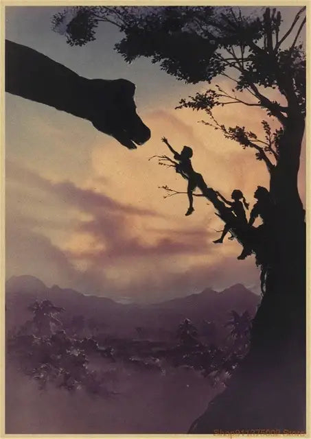 Silhouetted children climbing a tree against twilight sky on jurassic park dinosaur canvas wall art by decorbites