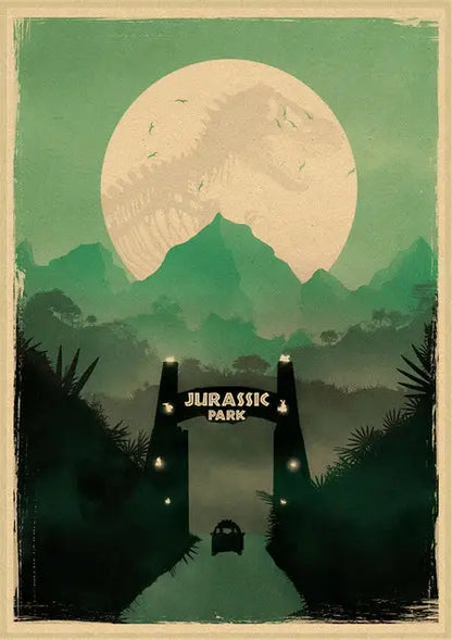 DecorBites™ jurassic park dinosaur canvas wall art with stylized gate and dinosaur silhouettes in muted green and beige tones