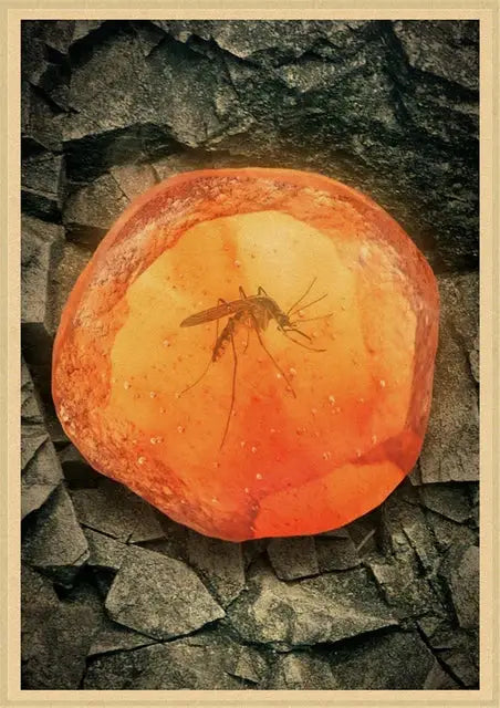 Translucent orange amber stone encasing a preserved mosquito featured in jurassic park dinosaur canvas wall art by decorbites