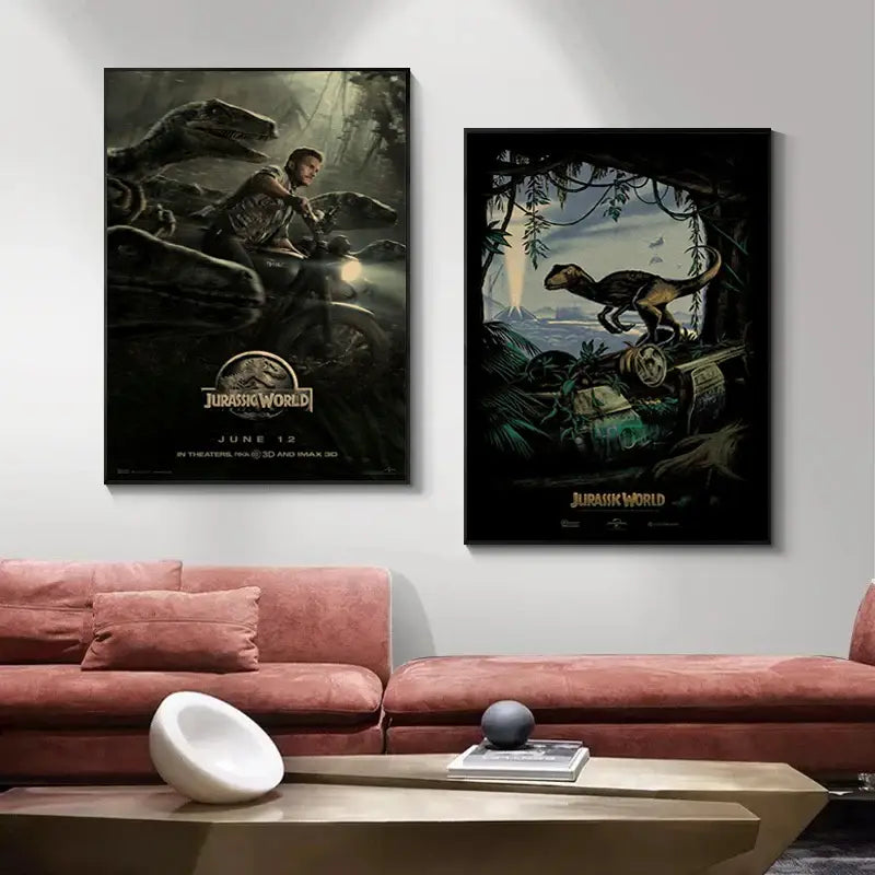 Two framed jurassic park dinosaur canvas posters hang above a pink sofa as part of decorbites jurassic park wall art