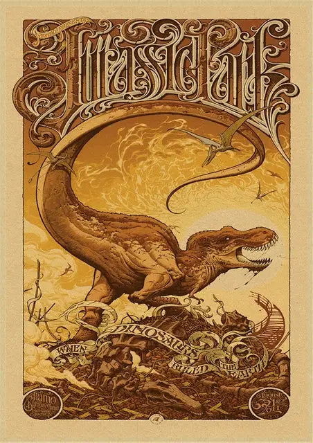 A vintage-style jurassic park dinosaur canvas wall art featuring a detailed brown tyrannosaurus rex with ornate gold lettering