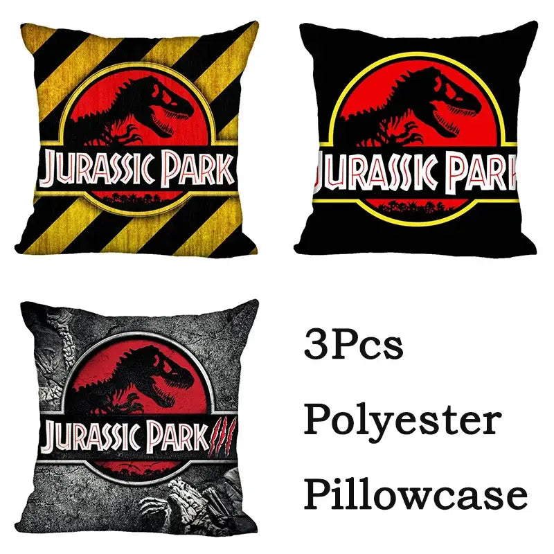 Set of three polyester jurassic park dinosaur pillowcases by decorbites featuring red black and yellow dinosaur logos
