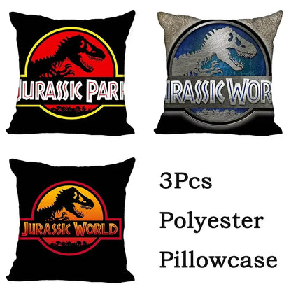 Set of three black polyester Decorbites Jurassic Park dinosaur pillowcases with vibrant red yellow blue and silver logos