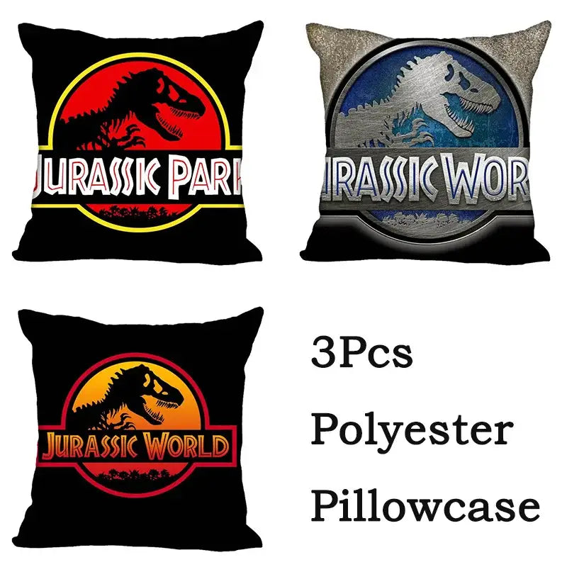 Set of three black polyester Decorbites Jurassic Park dinosaur pillowcases with vibrant red yellow blue and silver logos