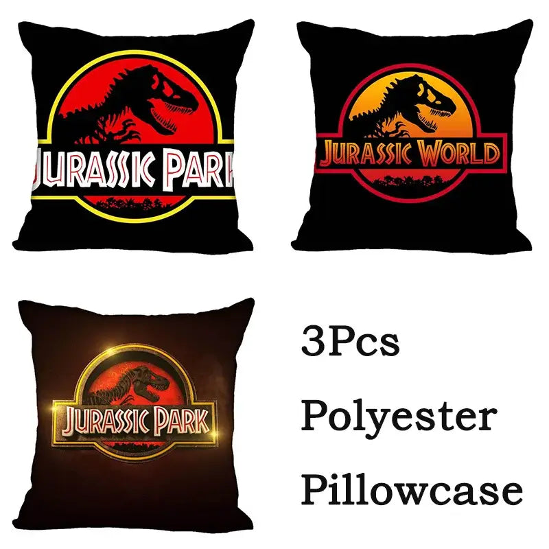 Black polyester decorbites jurassic park dinosaur pillowcase set featuring vibrant jurassic park and world logos