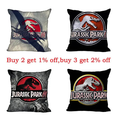 Four decorbites jurassic park dinosaur throw pillows with colorful logos for living room decor and comfort