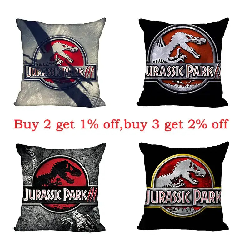 Four decorbites jurassic park dinosaur throw pillows with colorful logos for living room decor and comfort