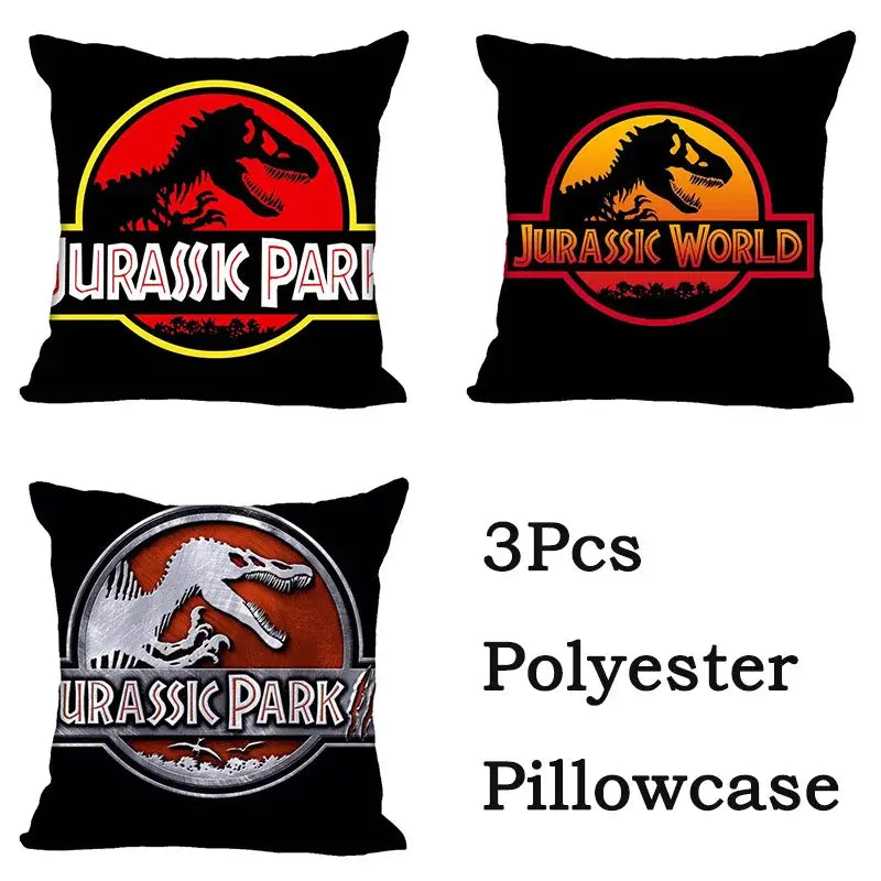 Set of three black polyester decorbites jurassic park dinosaur pillowcases with metallic logo designs for living room decor