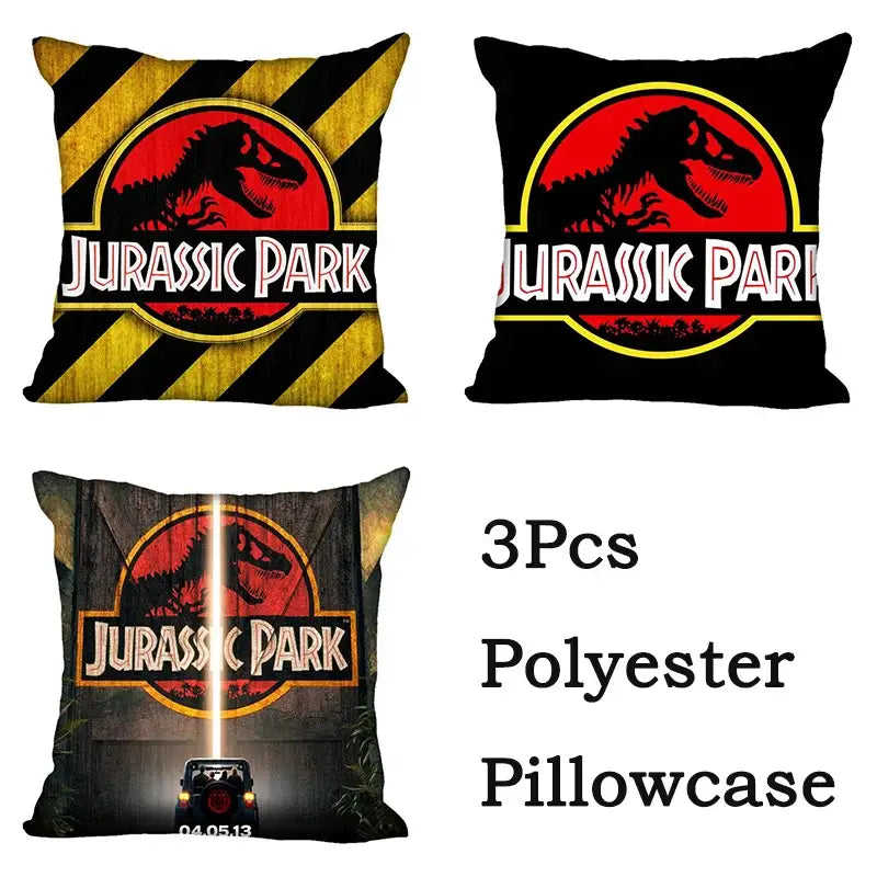 Decorbites Jurassic Park dinosaur polyester pillowcase set with red black and yellow iconic logo designs for living room decor