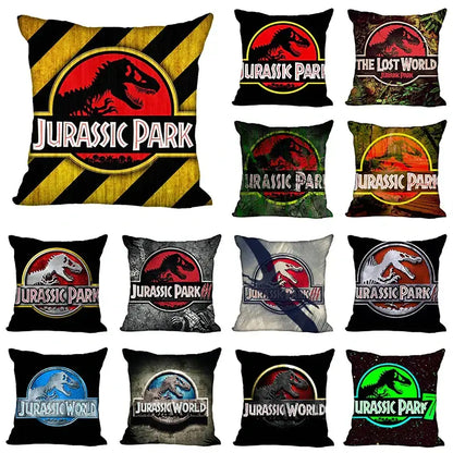 A decorbites jurassic park dinosaur pillowcase set featuring colorful jurassic park and world logos for living room decor
