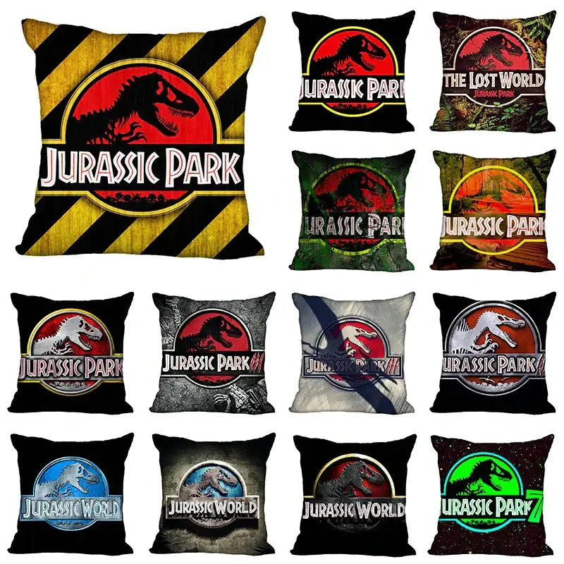 A decorbites jurassic park dinosaur pillowcase set featuring colorful jurassic park and world logos for living room decor