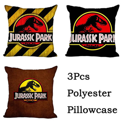 Set of three decorbites jurassic park polyester pillowcases with red yellow and black jurassic park dinosaur logos for living room decor