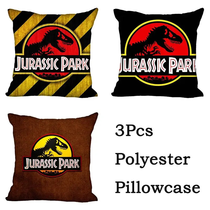 Set of three decorbites jurassic park polyester pillowcases with red yellow and black jurassic park dinosaur logos for living room decor