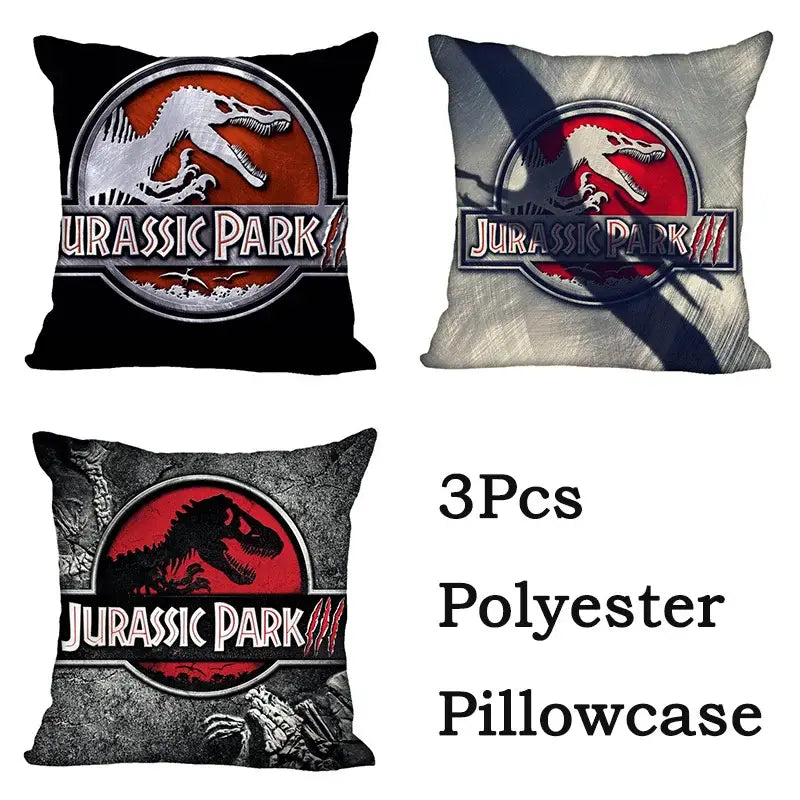 Set of three decorbites jurassic park polyester pillowcases featuring iconic red black and silver jurassic park dinosaur logo designs