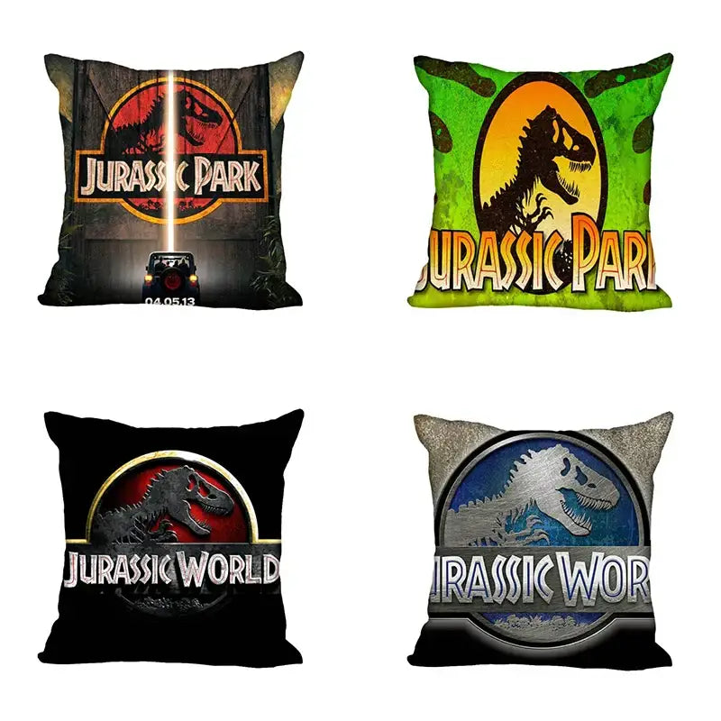 Four decorbites jurassic park dinosaur pillowcases with iconic logos and vibrant color schemes for living room decor