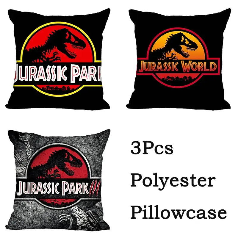 Black polyester decorbites jurassic park pillowcases with red yellow and white jurassic park dinosaur logos for living room decor
